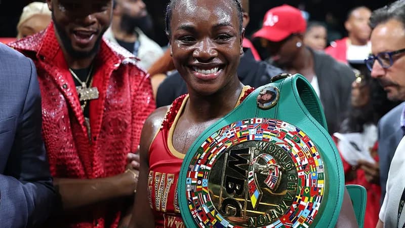 Claressa Shields celebrates after defeating Kaye Scott by sixth-round TKO at State Farm Arena in Atlanta.
