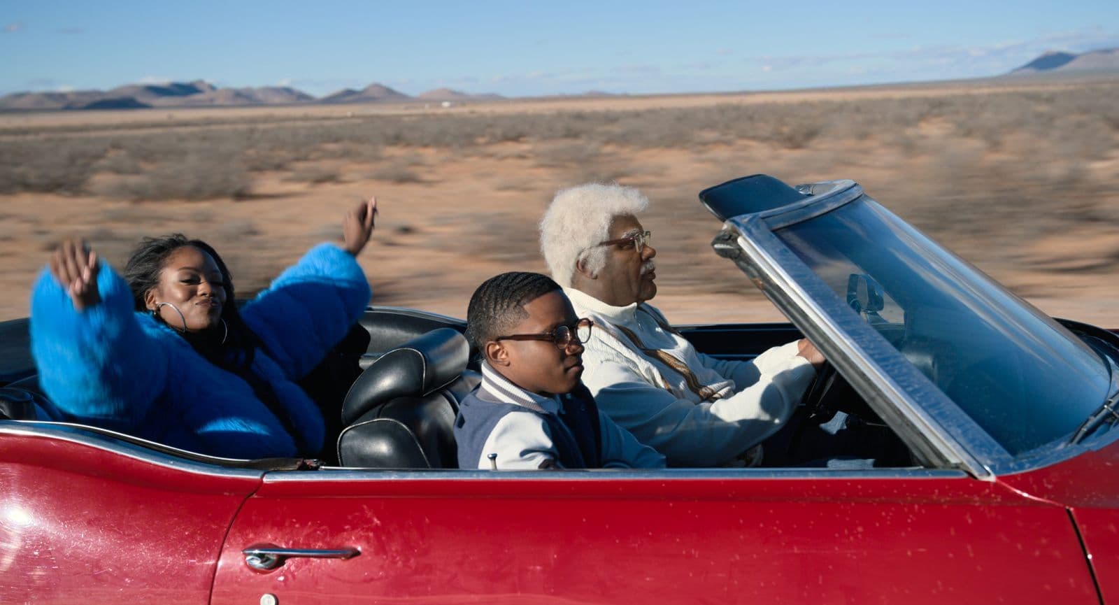 Film stills from Tyler Perry’s Joe’s College Road Trip, including Tyler Perry as Joe with his grandson; promotional key art for the Netflix comedy.