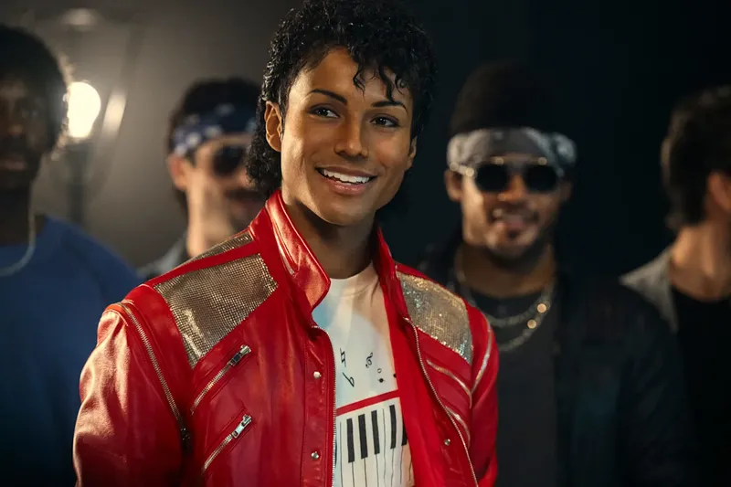 Jaafar Jackson performing in costume as Michael Jackson on a film set; archival image of Michael Jackson performing in the 1980s; portrait of Jaafar Jackson.