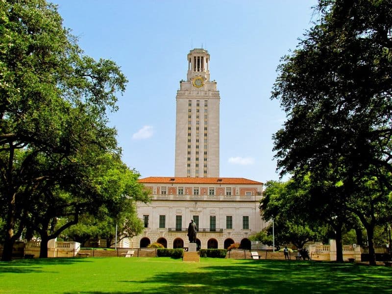 The University of Texas Tower rising above campus buildings in Austin.